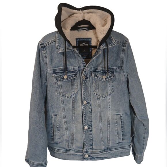 - Hollister Sherpa lined hooded faded denim  jacket unisex size S - Picture 1 of 8